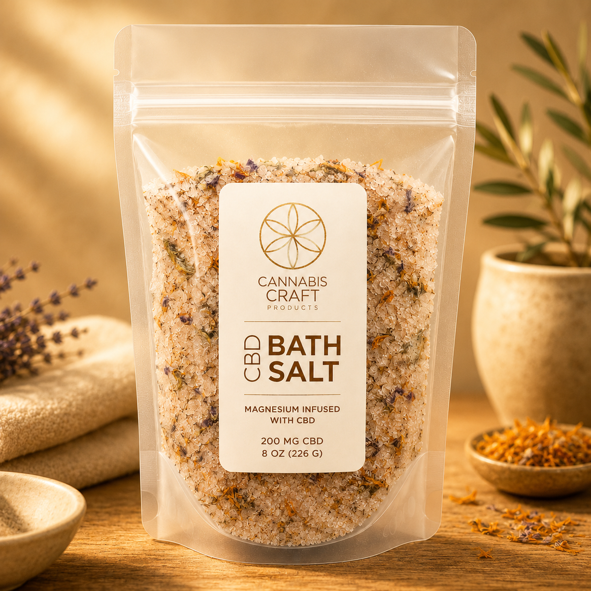 A clear stand-up pouch of Cannabis Craft Products CBD Bath Salt, filled with a beige and brown herbal salt blend, displayed on a wooden surface with dried lavender, a small bowl, and a potted plant in the background.