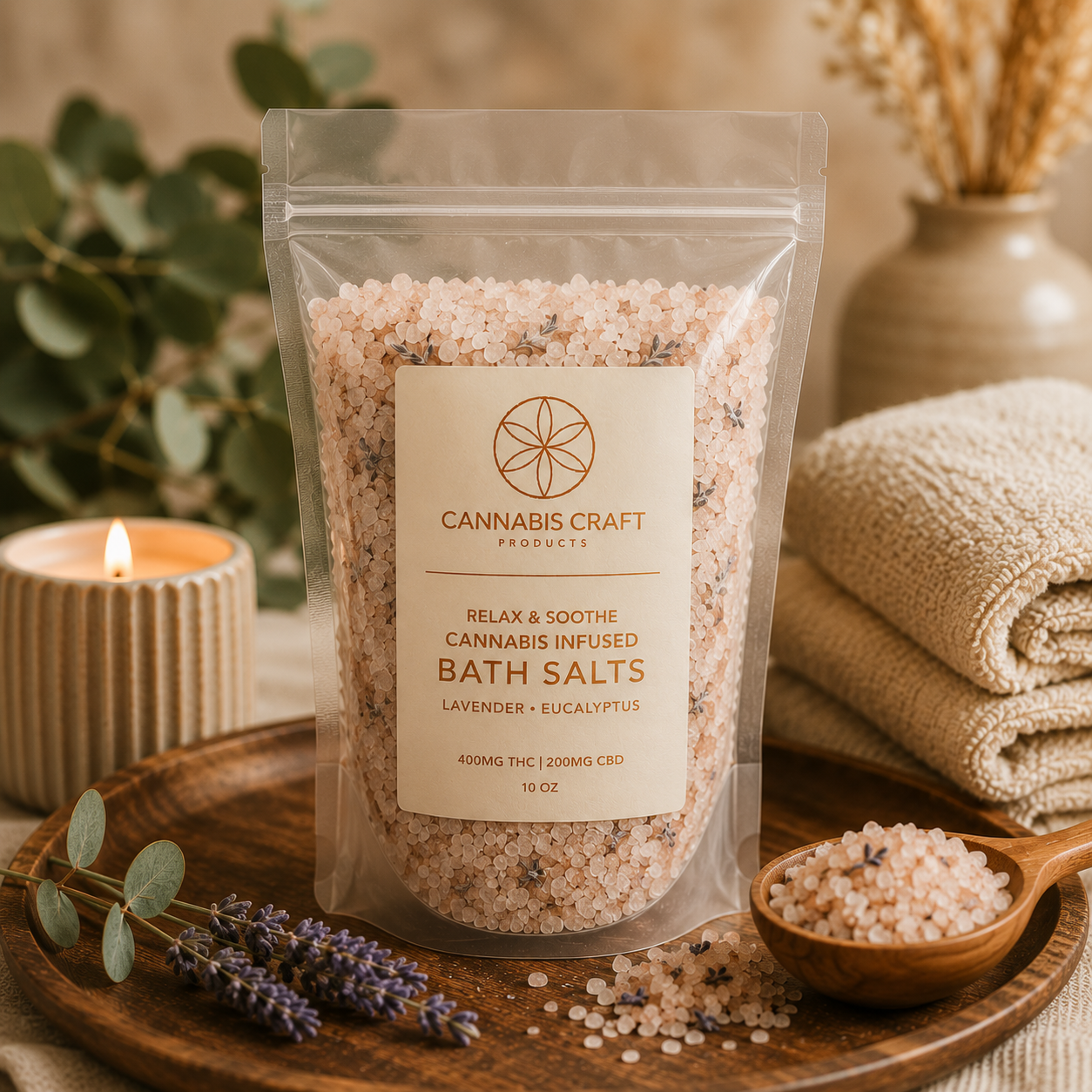 A clear stand-up pouch of Cannabis Craft Products bath salts sits on a wooden tray with a candle, eucalyptus sprigs, a folded beige towel, and a small wooden spoon of the bath salts. The pouch label reads 'Relax & Soothe Cannabis Infused Bath Salts' and 'Lavender + Eucalyptus.