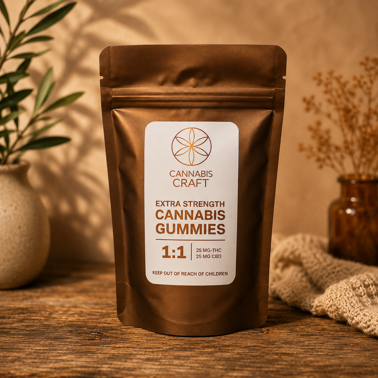 A brown stand-up pouch of Cannabis Craft Extra Strength Cannabis Gummies, 1:1 ratio, 25 mg THC, 25 mg CBD, standing on a rustic wooden table with a warm, cozy background featuring plants and a knitted blanket.