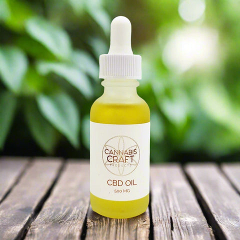 A bottle of CBD oil with a dropper, labeled 'CANNABIS CRAFT CBD OIL 500 MG'. The liquid is clear and has no visible flavor, scent, or color.