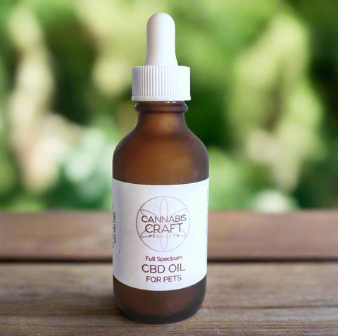 A bottle of CBD oil for pets with a dropper, labeled 'Cannabis Craft Full Spectrum CBD Oil for Pets'.