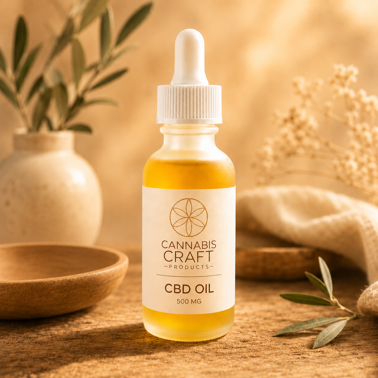 cbd oil bottle with golden oil inside it with a dropper, on a wooden table outside with green bush background