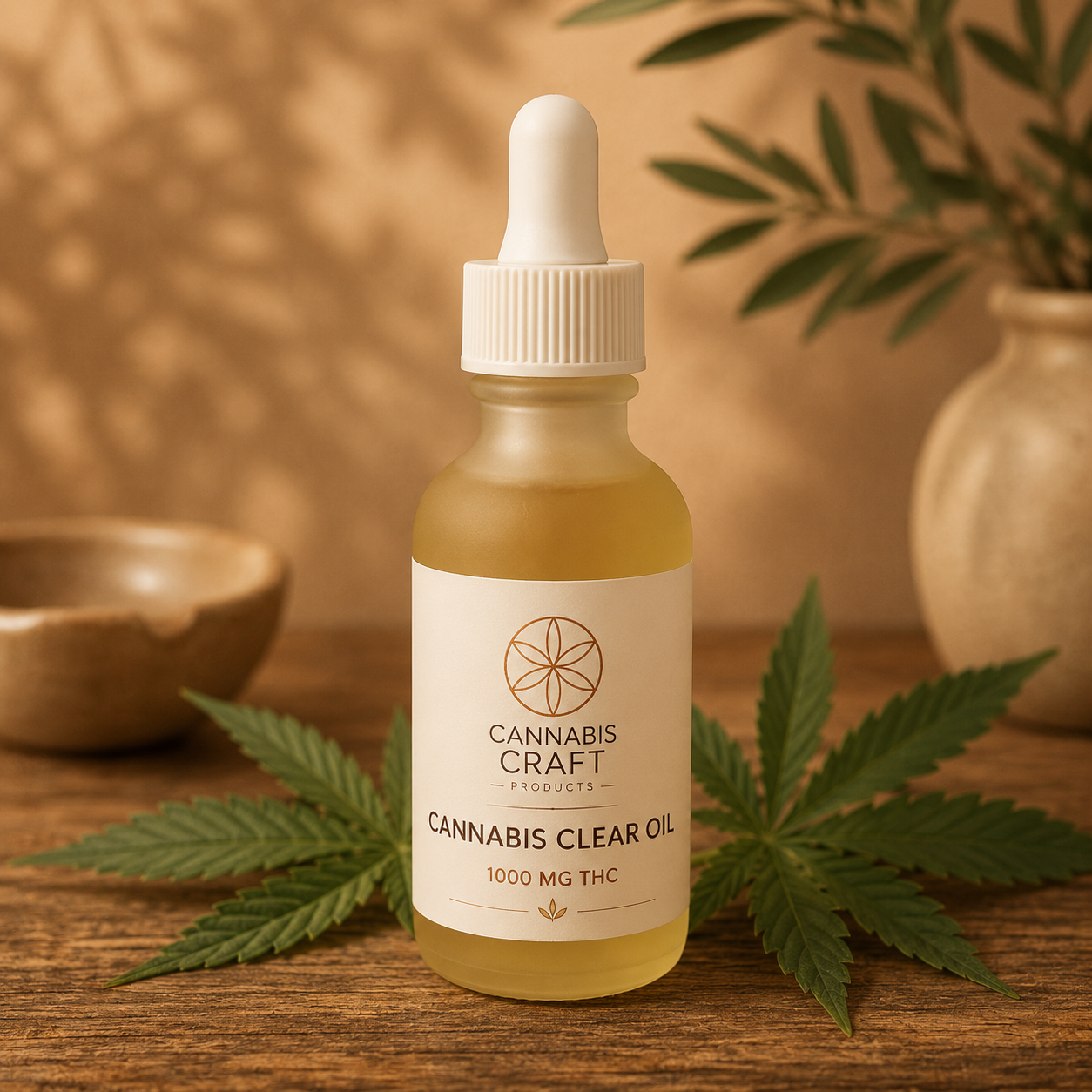 Small Bottle of Extra Strength 1:1 Cannabis Oil Tincture on a wooded table outside with greenery in the background