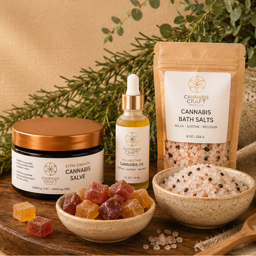 Cannabis bath and body items, a jar of cannabis oil a dropper bottle, a pouch of cannabis bath salts, gummy candies, cozy gifts customer favorites