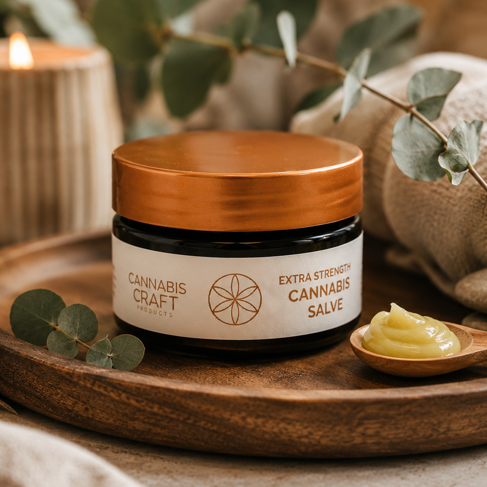 A jar of Cannabis Craft Botanicals extra strength cannabis salve sits on a wooden tray, surrounded by eucalyptus leaves, a small wooden spoon with some yellow-green salve, and a softly blurred candle in the background.