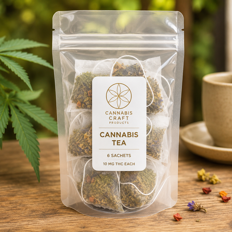 A clear stand-up pouch of Cannabis Craft Products Cannabis Tea sits on a wooden surface with blurred green leaves and a cup in the background. The pouch contains six small tea sachets visible through the transparent packaging, with a white label and gold logo.