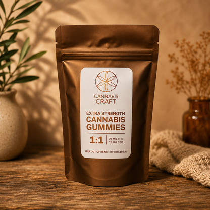 A brown stand-up pouch of Cannabis Craft Extra Strength Cannabis Gummies, 1:1 ratio, 25 mg THC, 25 mg CBD, standing on a rustic wooden table with a warm, cozy background featuring plants and a knitted blanket.