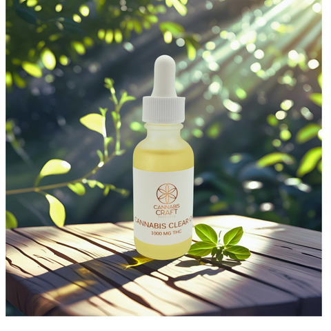 Bottle of Cannabis Craft product on a wooden surface with green leaves in the background