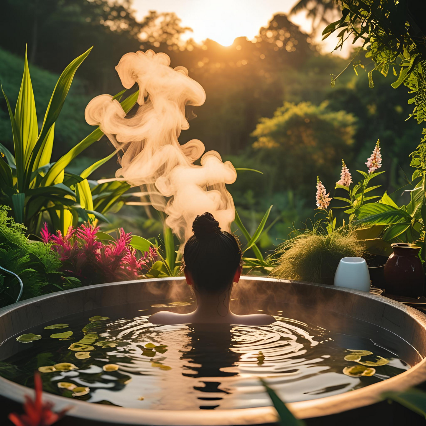 Person in a hot tub with steam rising, surrounded by nature
