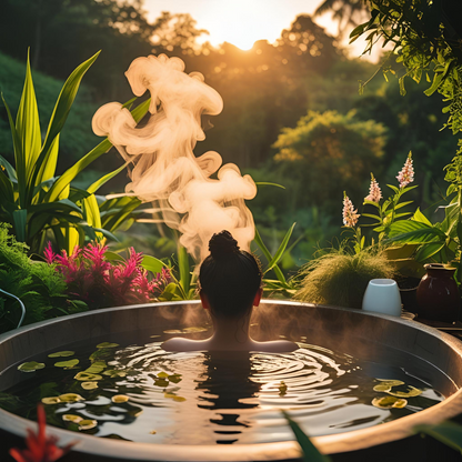 Person in a hot tub with steam rising, surrounded by nature