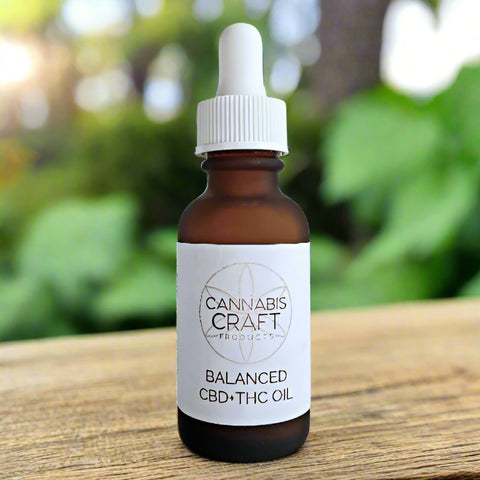 A bottle of BALANCED 1:1 CBD+THC OIL with a dropper, branded by CANNABIS CRAFT.